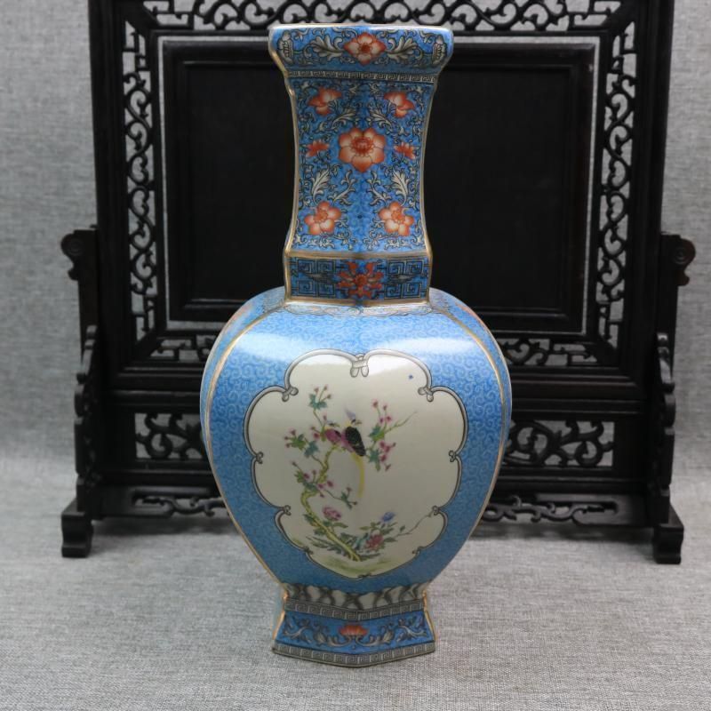 琺瑯彩蒔絵花鳥六方賞瓶 挿花器 景徳鎮 陶磁器 装飾品 現代工芸品 美術