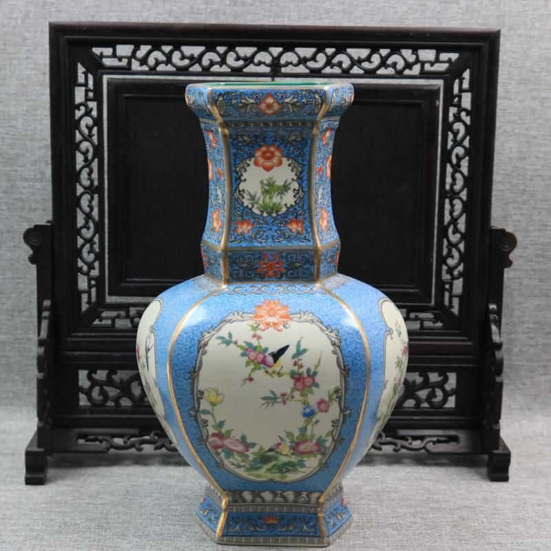 琺瑯彩蒔絵花鳥六方賞瓶 挿花器 景徳鎮 陶磁器 装飾品 現代工芸品 美術