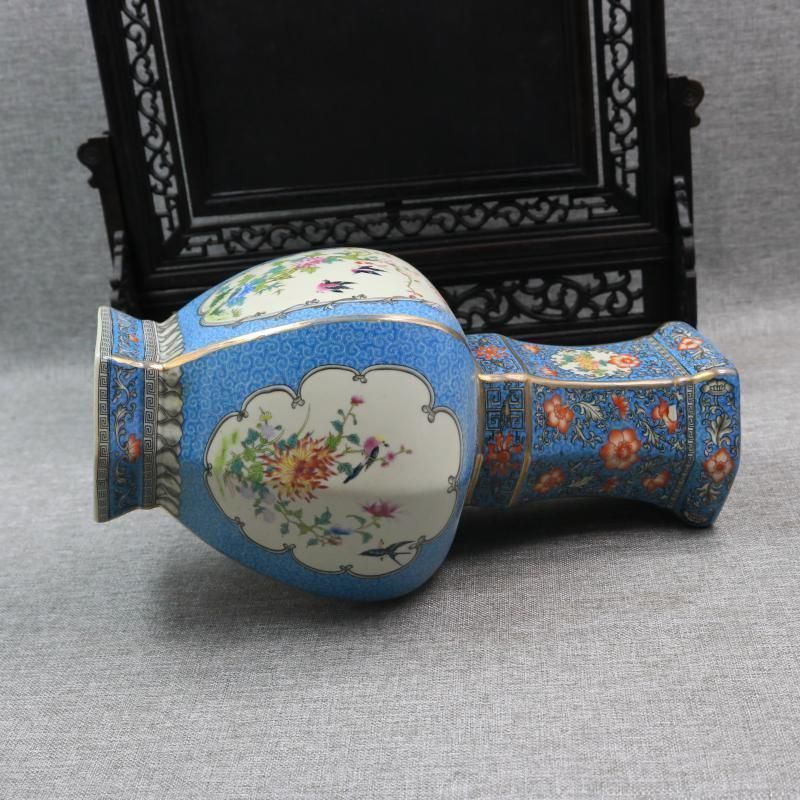 琺瑯彩蒔絵花鳥六方賞瓶 挿花器 景徳鎮 陶磁器 装飾品 現代工芸品 美術