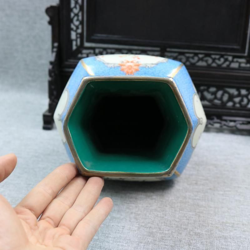 琺瑯彩蒔絵花鳥六方賞瓶 挿花器 景徳鎮 陶磁器 装飾品 現代工芸品 美術