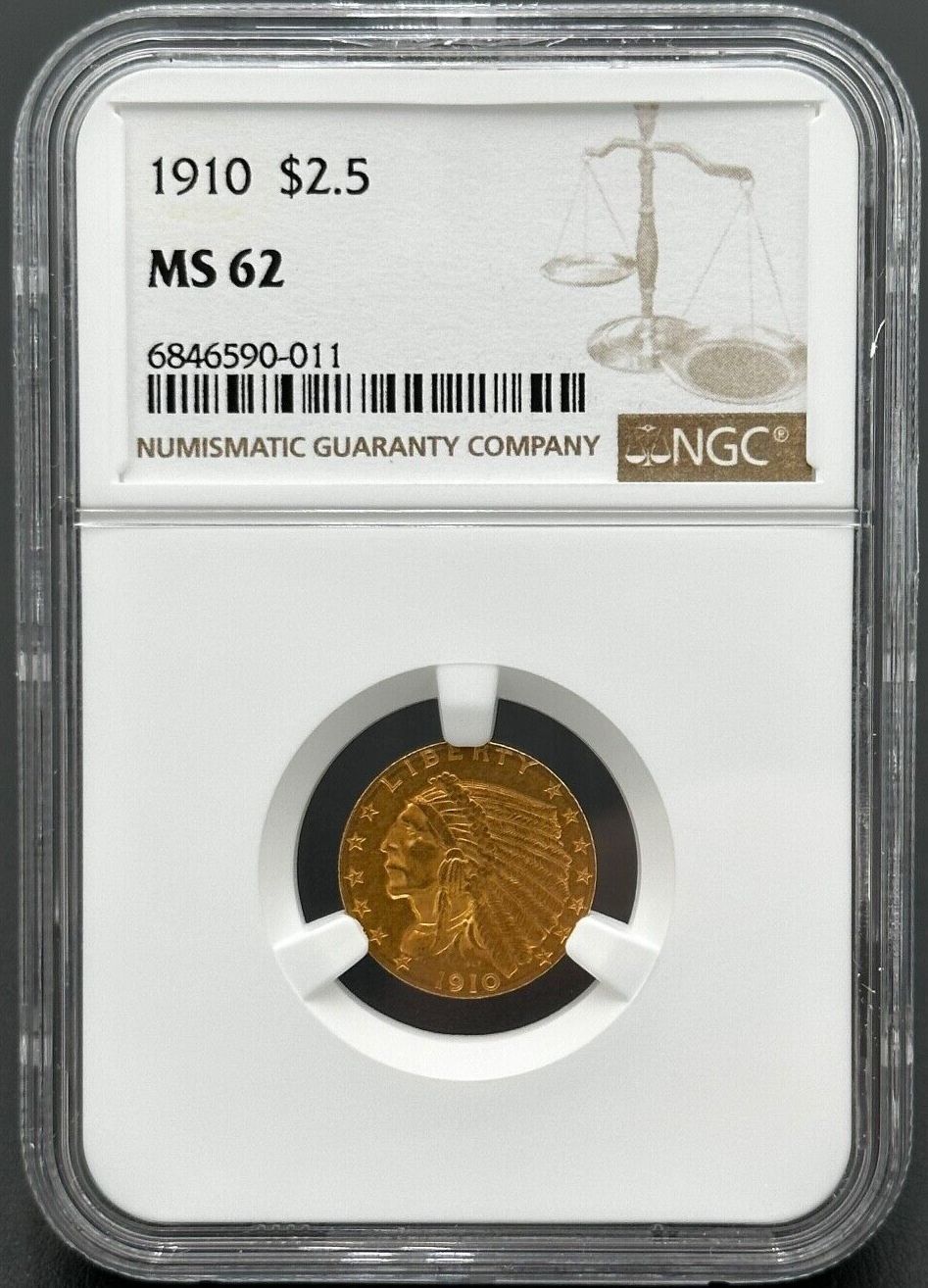 1929年 米国 インディアンヘッド ＄2.5クオーター金貨 NGC MS61 1910年 P $2.5 金インディアンヘッドクォーターイーグル NGC MS62