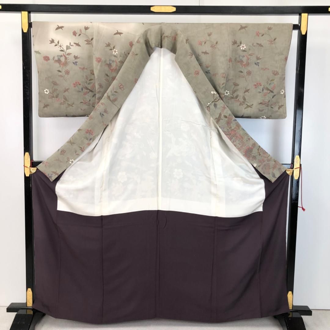 付下げ 型染 花草模様 花喰い鳥 暈し 江戸鼠色 縮緬 K-