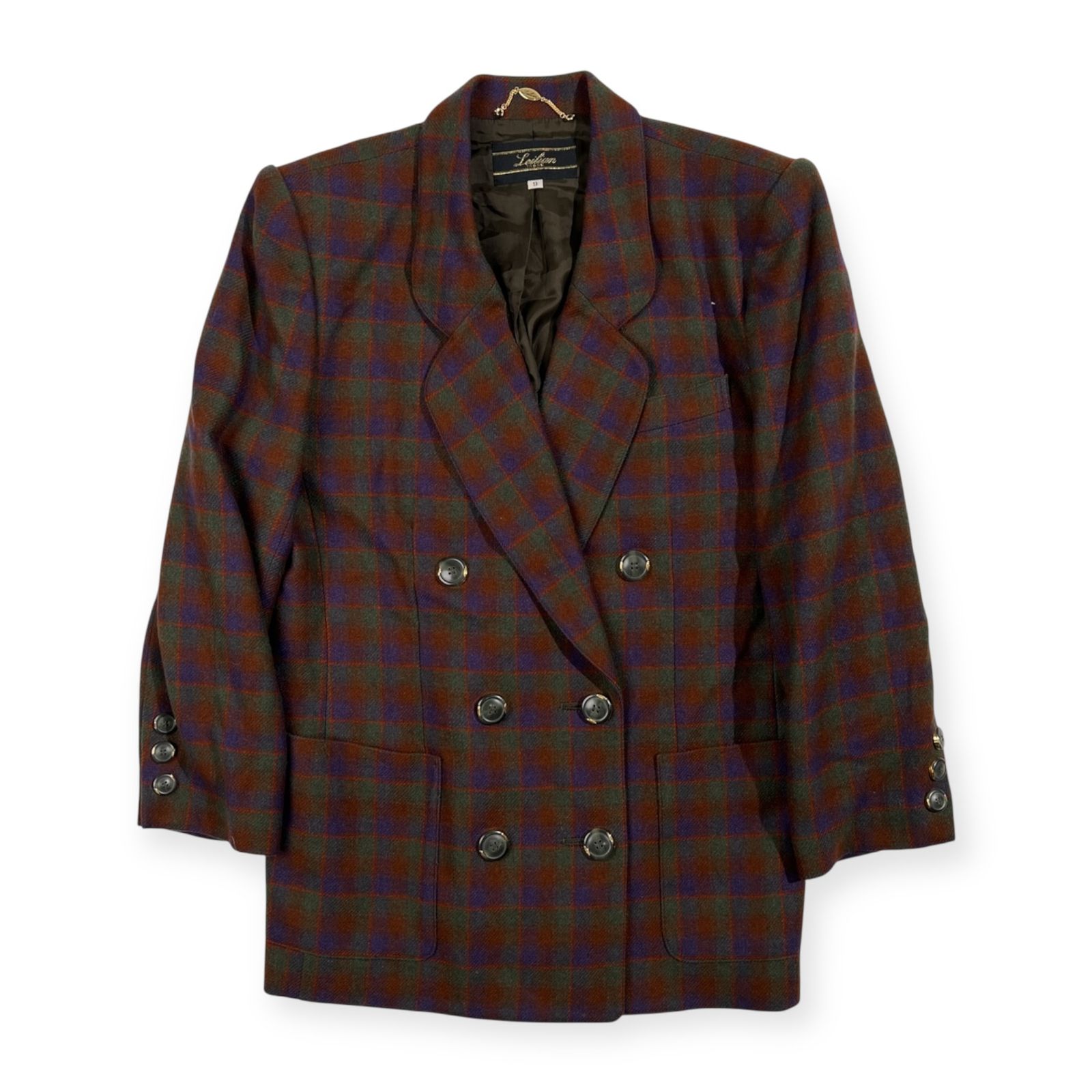 カシミヤ100% Leilian レリアン マルチ チェック柄 ダブル テーラード