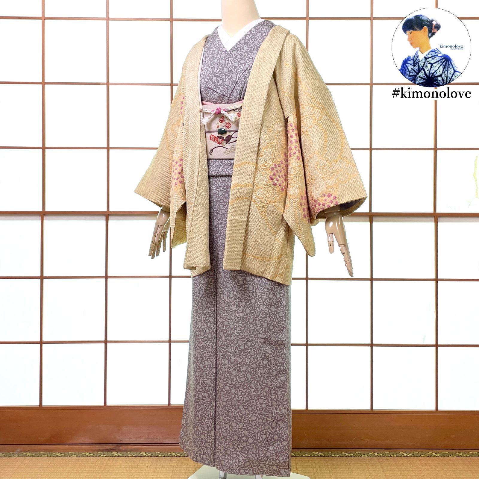 羽織 総絞り 一方付け 正絹 樹木柄 渋い淡クリーム色 羽織紐付き 着物