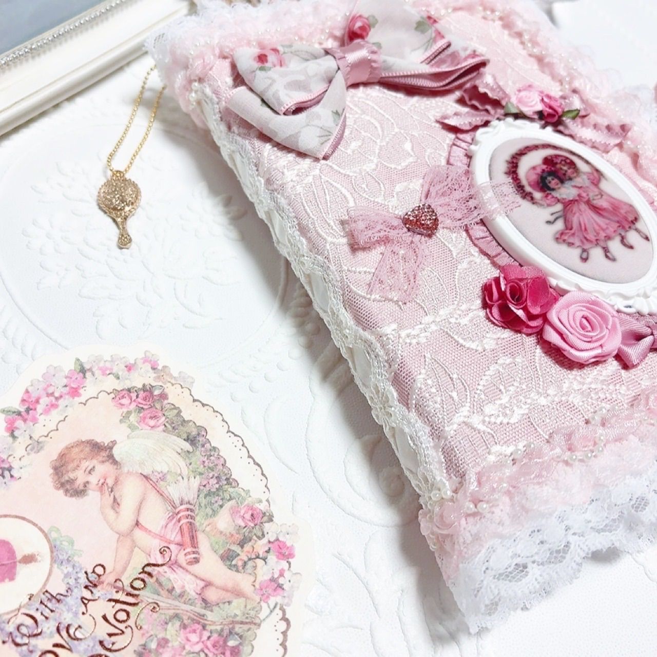 1点もの ヴィクトリアン rose レースたっぷり A6ブック型ポーチ ピンク