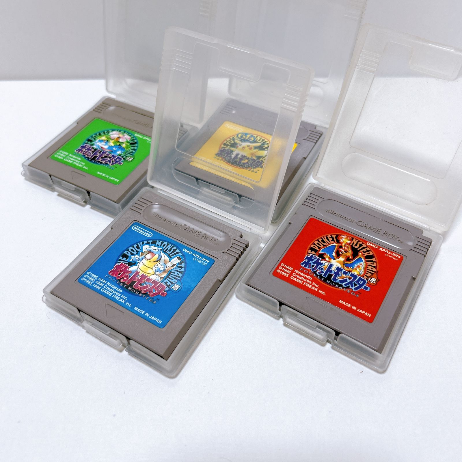 00刻印 青 緑のみ GAME BOY ゲームボーイ 任天堂 ソフト カセット 4点セット ポケットモンスター 緑 赤 ピカチュウ ケース付き 品 本体ないため動作未 管理番号