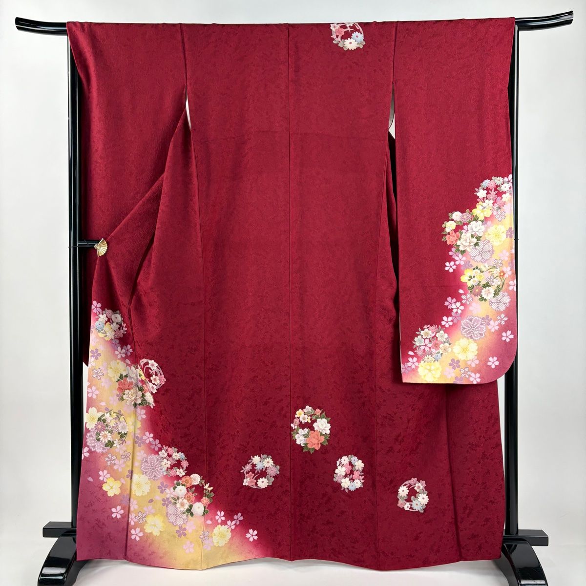 美品】 振袖 身丈165cm 裄丈67.5cm L 袷 花丸文 桜 金彩 ぼかし えんじ