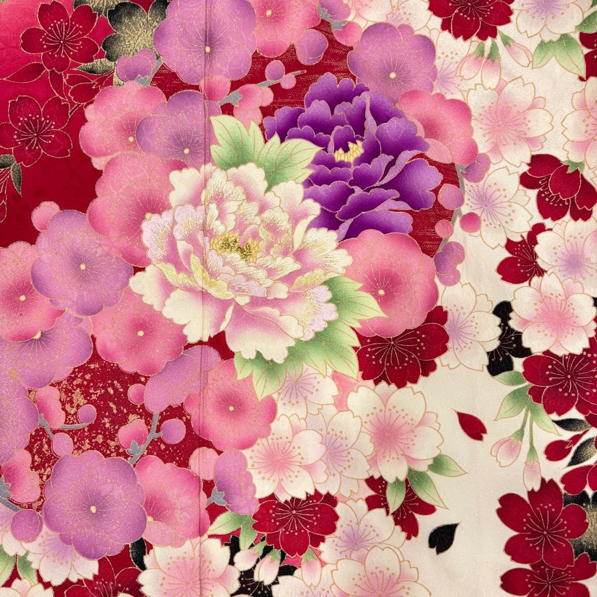振袖 身丈166cm 裄丈66cm M 袷 牡丹 桜 箔 金彩金彩 クリーム 正絹