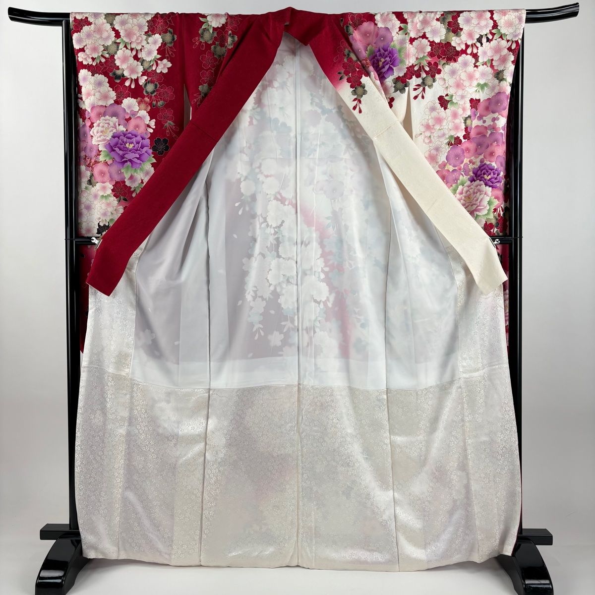 振袖 身丈166cm 裄丈66cm M 袷 牡丹 桜 箔 金彩金彩 クリーム 正絹