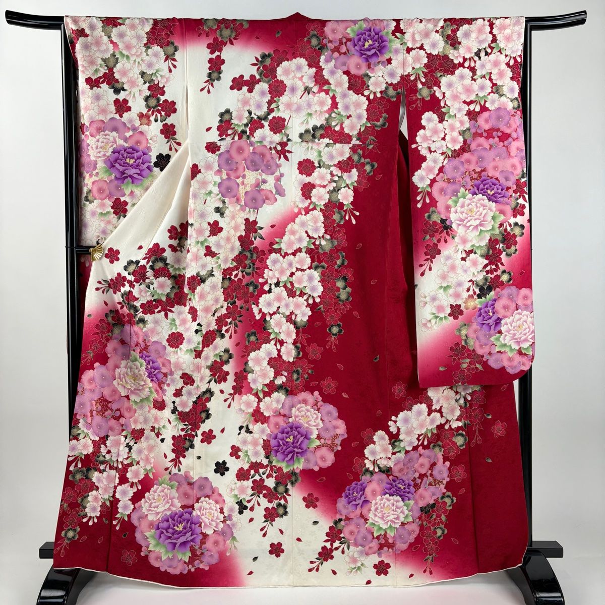 振袖 身丈166cm 裄丈66cm M 袷 牡丹 桜 箔 金彩金彩 クリーム 正絹
