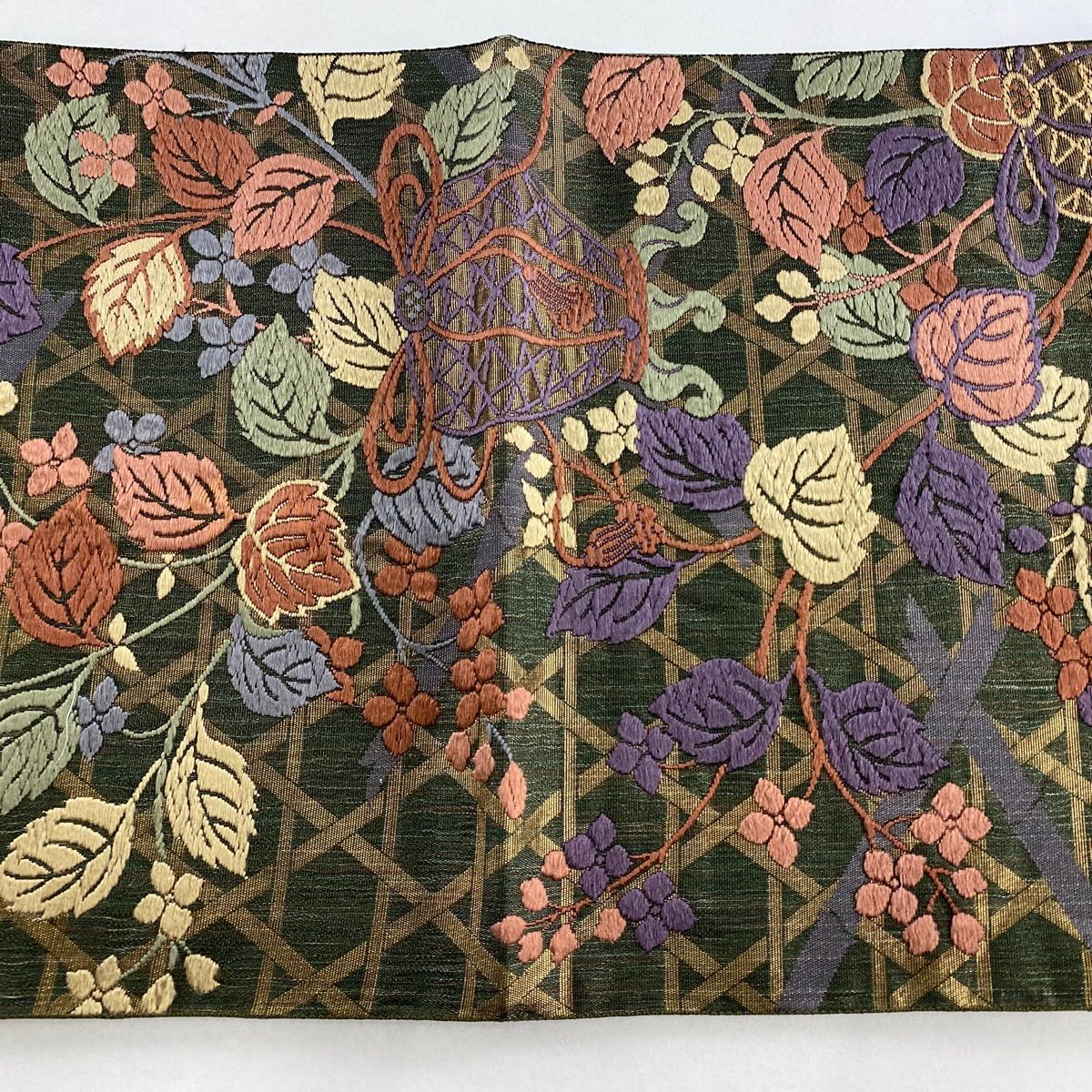 美品】 袋帯 名品 花井幸子 落款 仕覆 草花 箔 金糸 深緑 六通 正絹