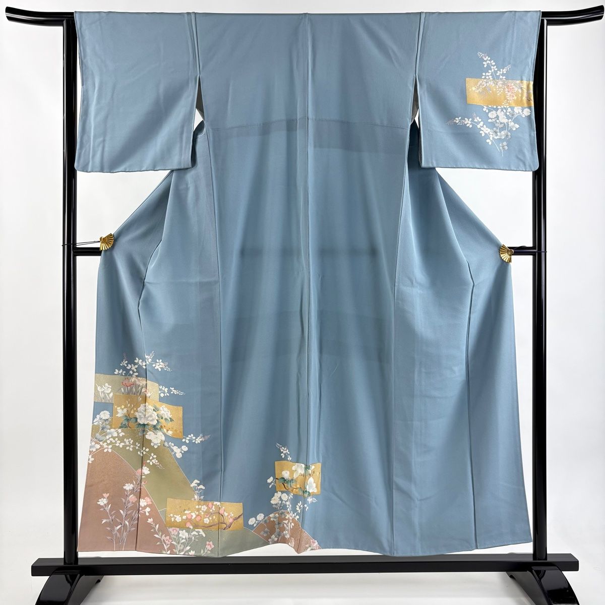 訪問着 身丈154.5cm 裄丈64.5cm M 袷 牡丹 菖蒲 金銀彩 水色 正絹 秀品
