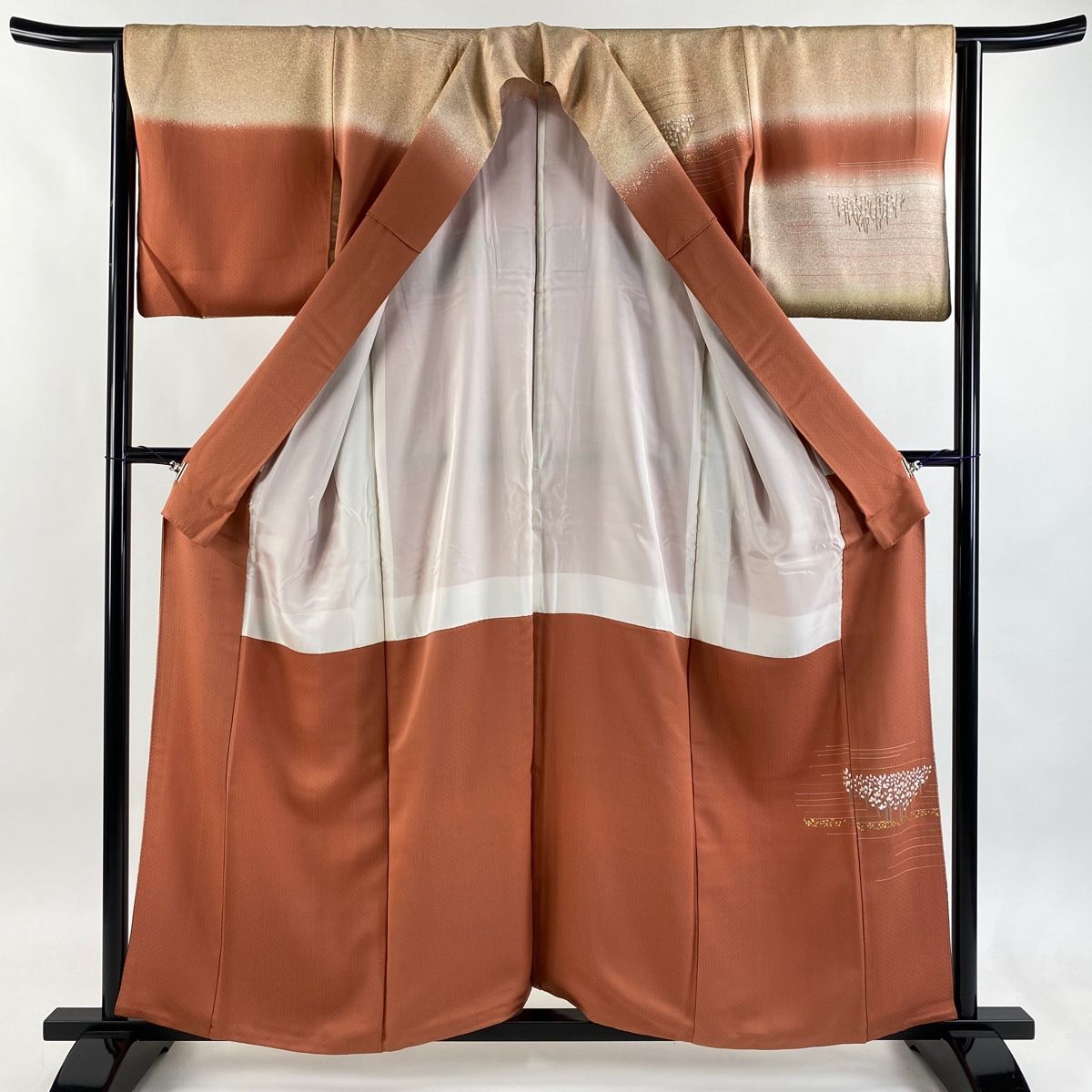 訪問着 身丈158cm 裄丈65cm M 袷 枝花 霞 金銀彩 染め分け 朱色 正絹