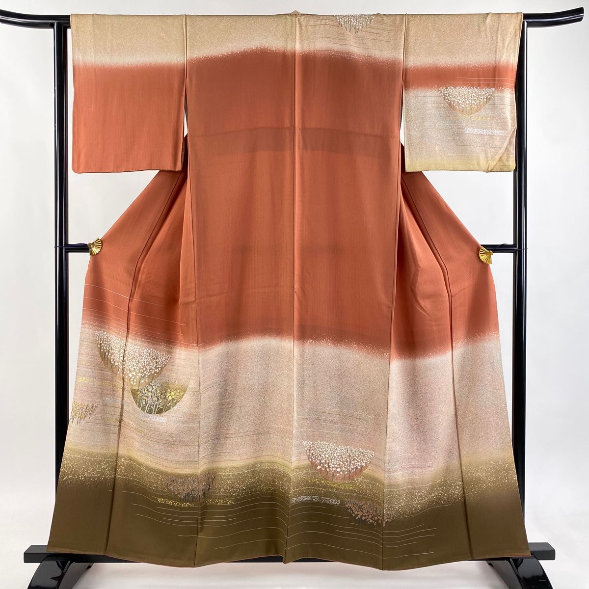 訪問着 身丈158cm 裄丈65cm M 袷 枝花 霞 金銀彩 染め分け 朱色 正絹