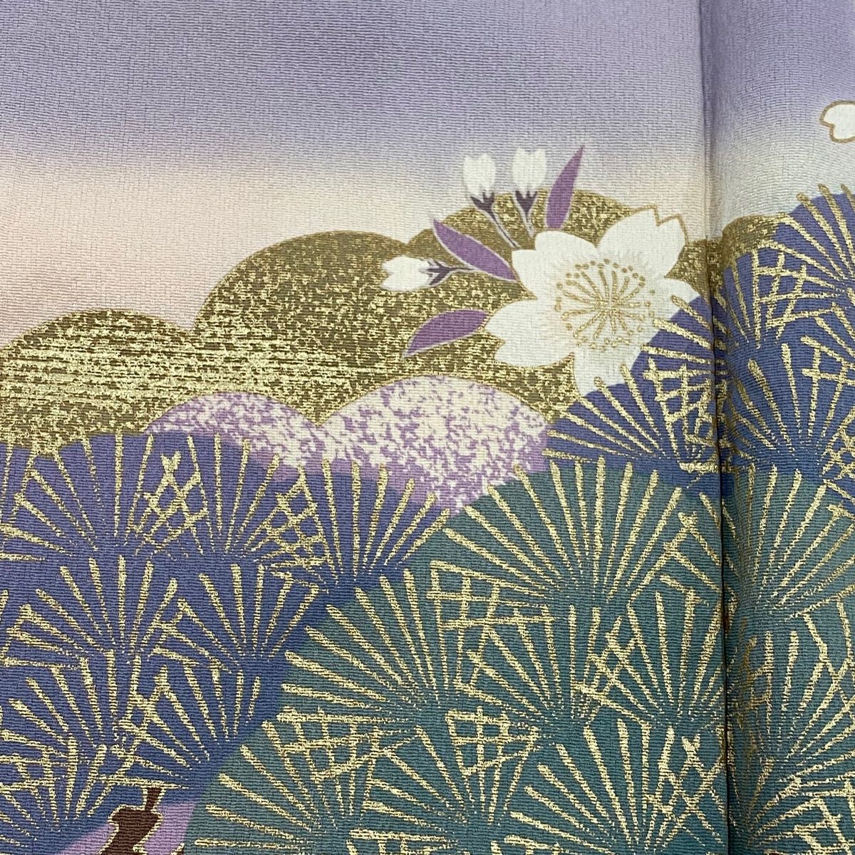 振袖 身丈161cm 裄丈67cm M 袷 舟 牡丹 金糸 金彩 紫 正絹 秀品 【中古