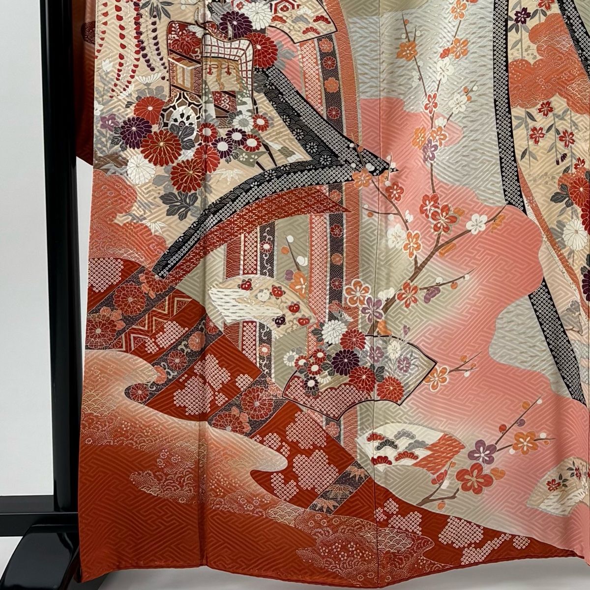 振袖 身丈166cm 裄丈67.5cm L 袷 御所車 菊 金糸 金銀彩 赤茶 正絹 秀