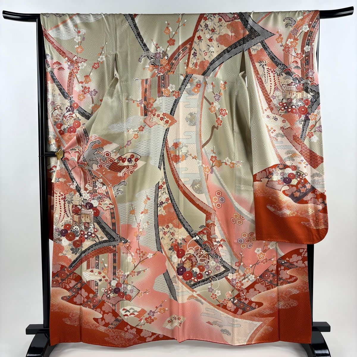 振袖 身丈166cm 裄丈67.5cm L 袷 御所車 菊 金糸 金銀彩 赤茶 正絹 秀