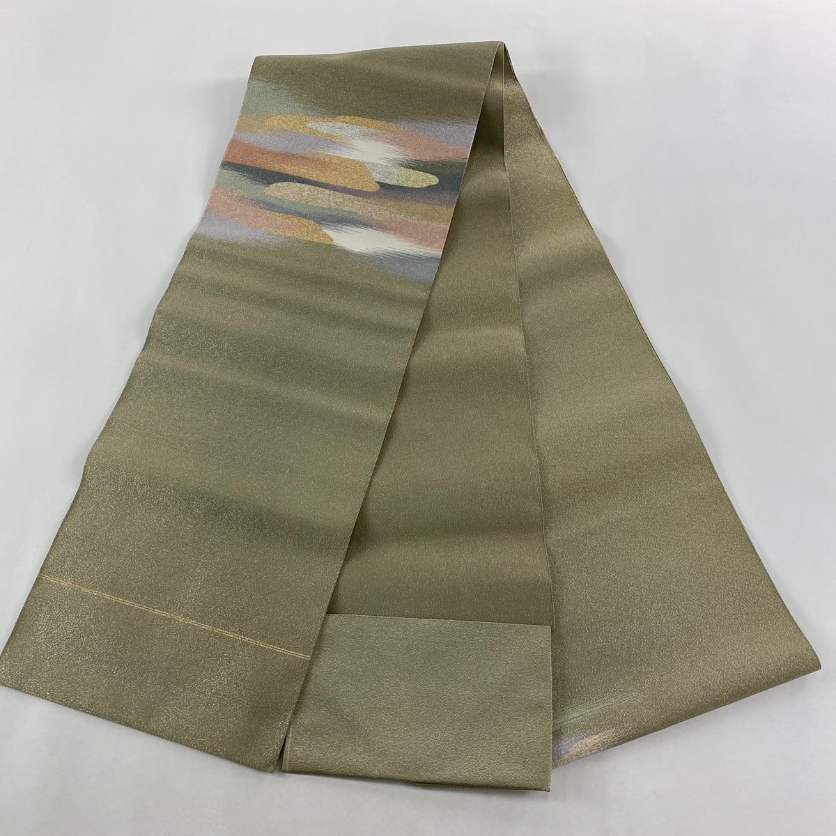 美品】 名古屋帯 秀品 八寸名古屋帯 松葉仕立て 霞 金銀糸 抹茶色 正絹