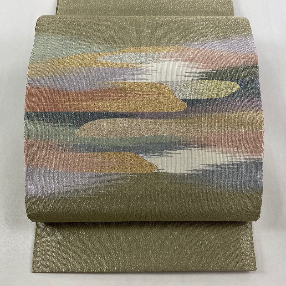 美品】 名古屋帯 秀品 八寸名古屋帯 松葉仕立て 霞 金銀糸 抹茶色 正絹