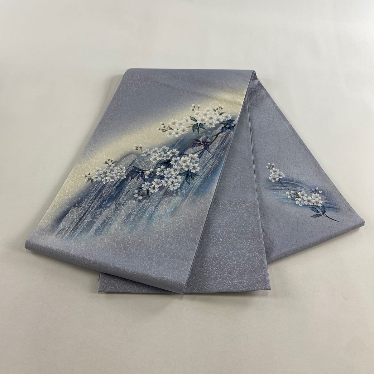 名古屋帯] 正絹 お太鼓柄 華文様 くすみ 灰色 青 訪問着 付下げ 無地