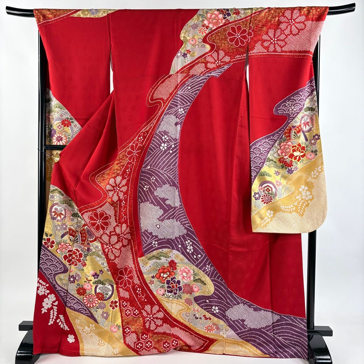 美品】 振袖 身丈171.5cm 裄丈69cm L 袷 袋帯フルセット 蝶 草花 金糸