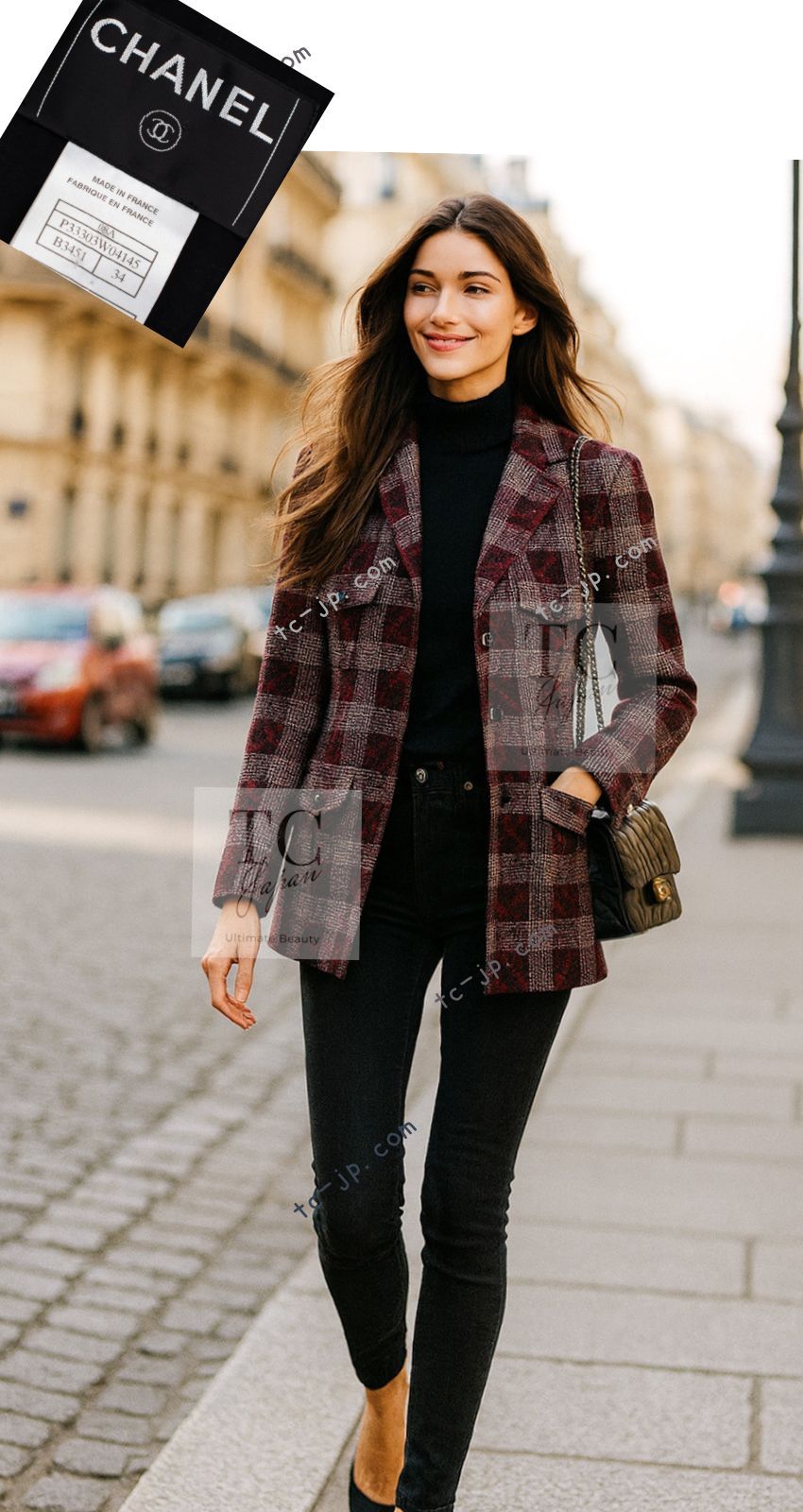 2000年初期ビンテージシャネルバーガンディ テーラードジャケットスカート シャネル ジャケット CHANEL バーガンディ ブラック タータン チェック