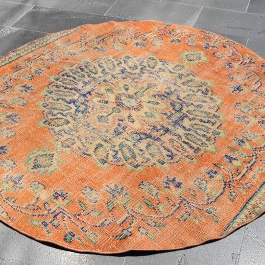 大判サイズ】トルコヴィンテージラグ ラウンド オレンジ メダリオン