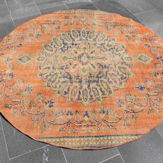大判サイズ】トルコヴィンテージラグ ラウンド オレンジ メダリオン