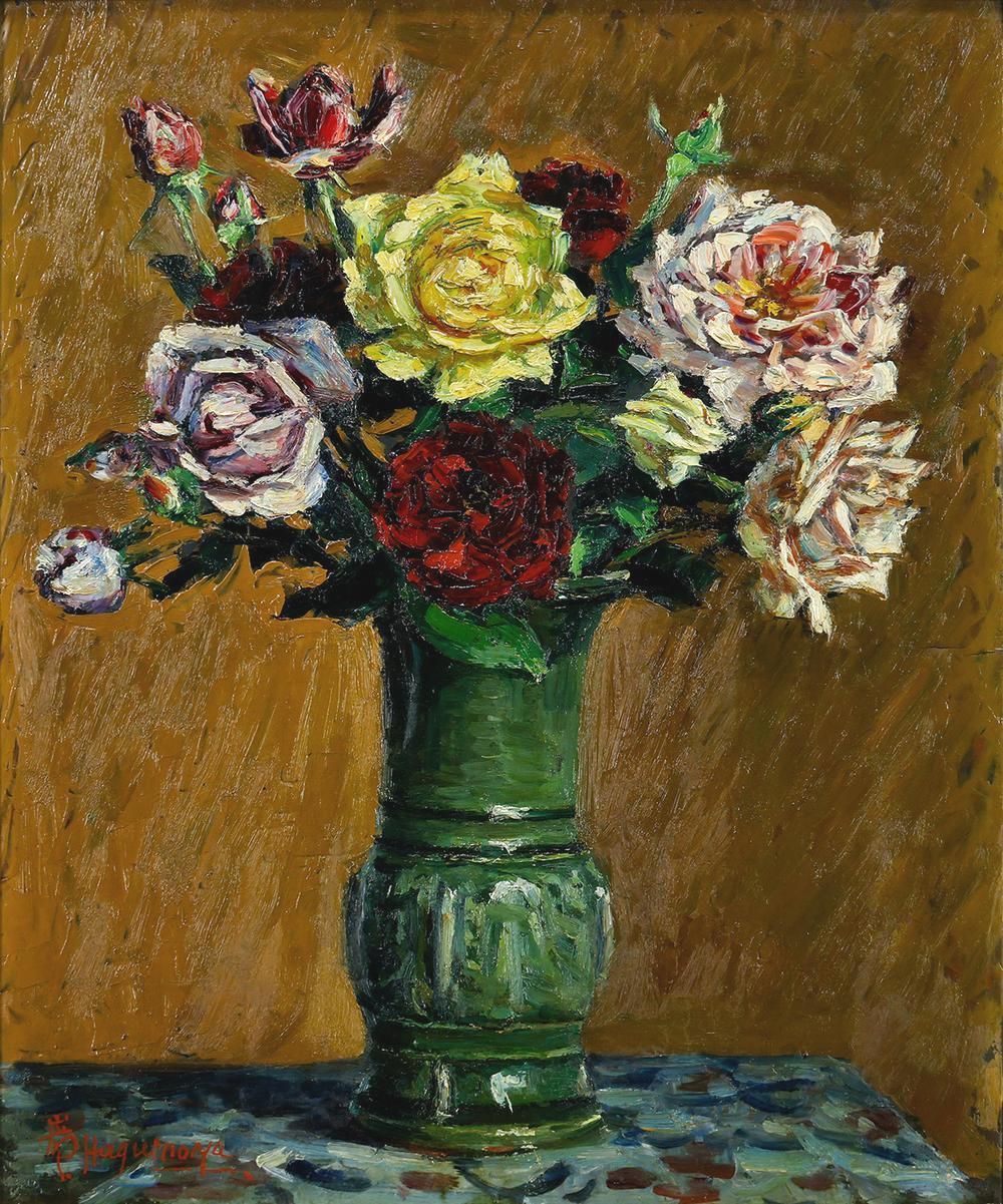 真作】【WISH】萩谷巌 板に油彩 8号 ◇重厚な色彩・生命力あふれる花瓶