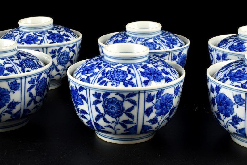 蔵C8989i1】染付 蓋茶碗 蓋物 花文 六客 【公式通販】