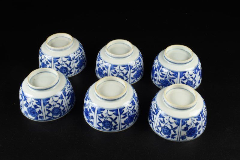 蔵C8989i1】染付 蓋茶碗 蓋物 花文 六客 【公式通販】