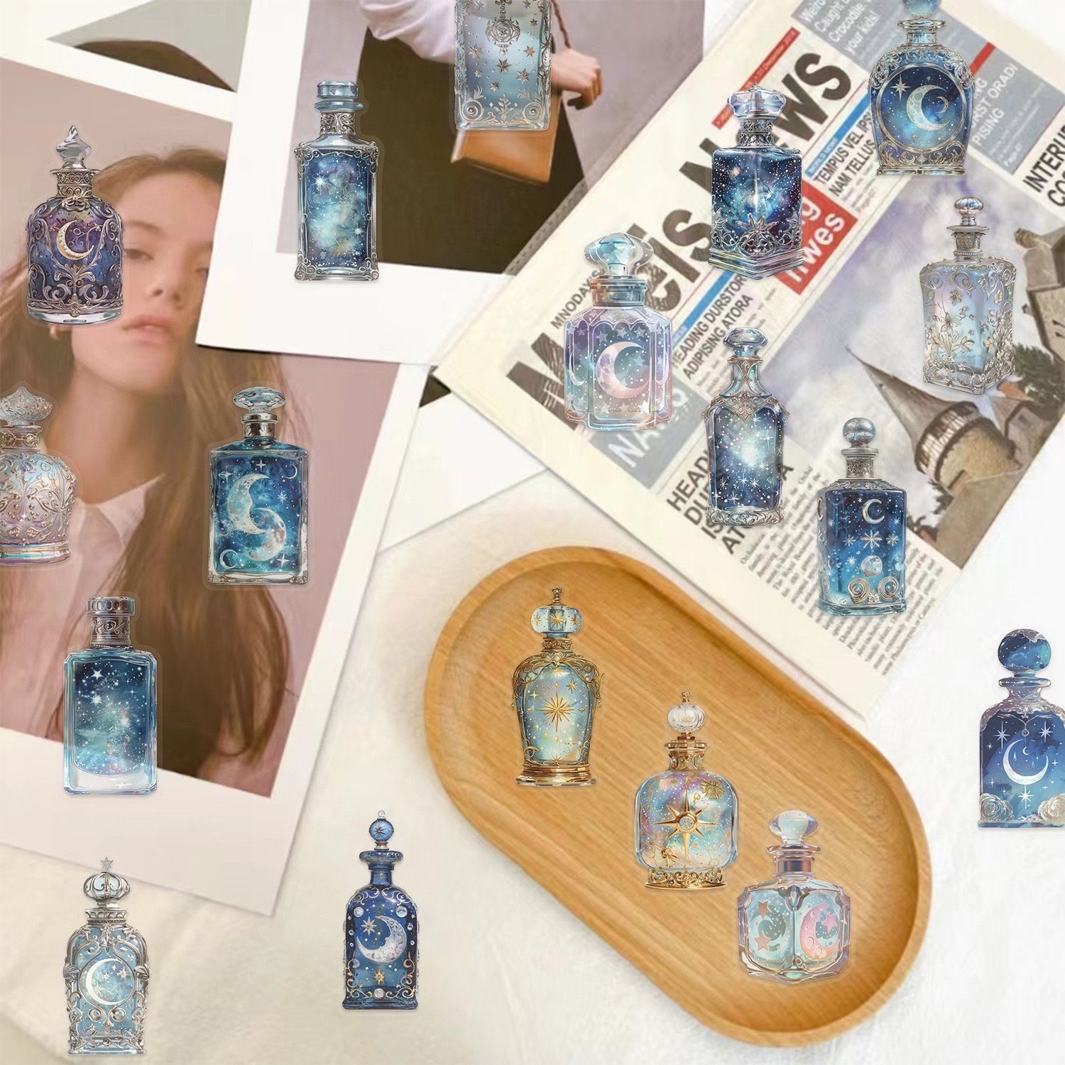 333】コラージュ素材 シール ステッカー 月相 瓶 装飾 PET