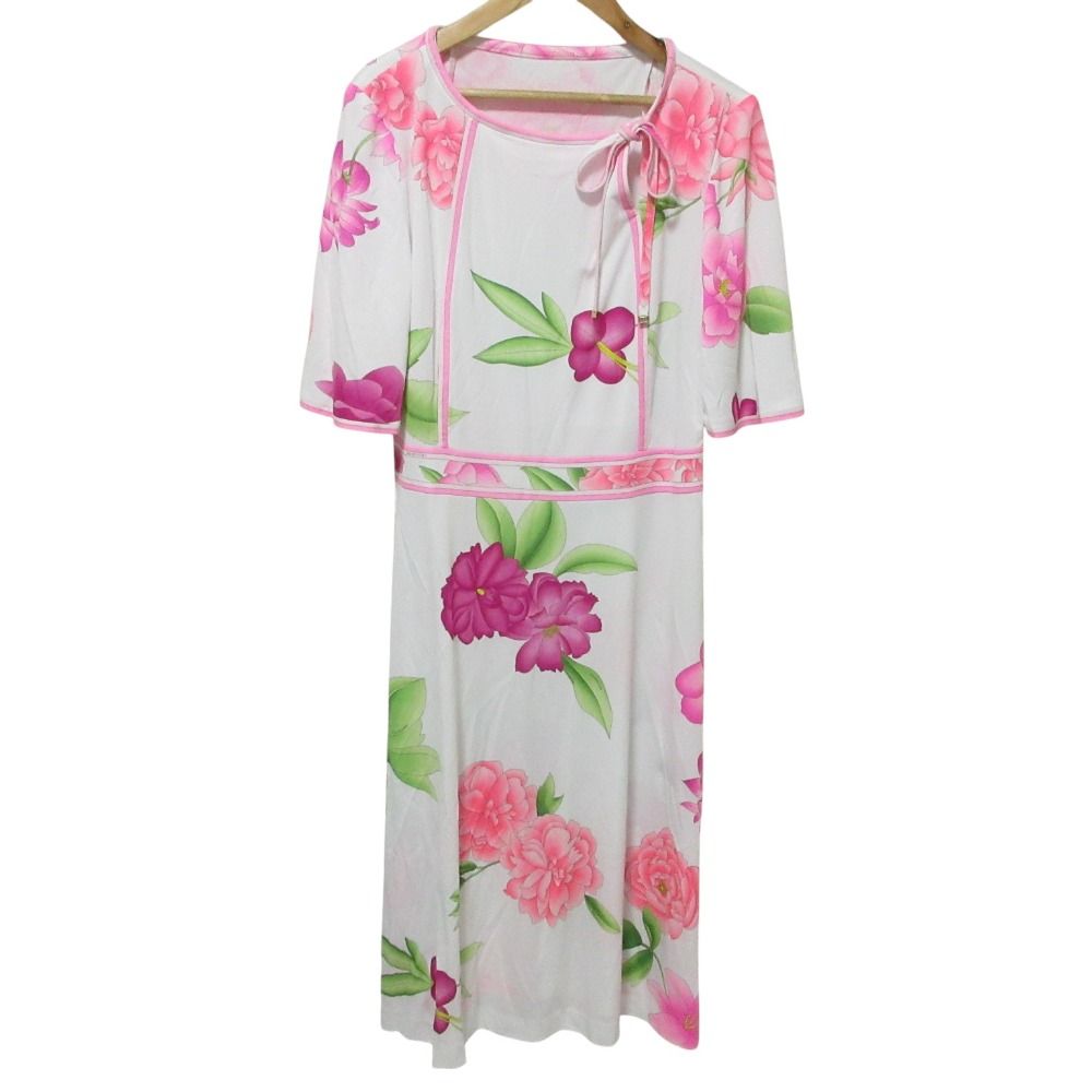 【美品】LEONARD レオナール 花柄 半袖ワンピース カンカン素材 38 美品 クリーニング済 LEONARD レオナール フラワープリント カンカン