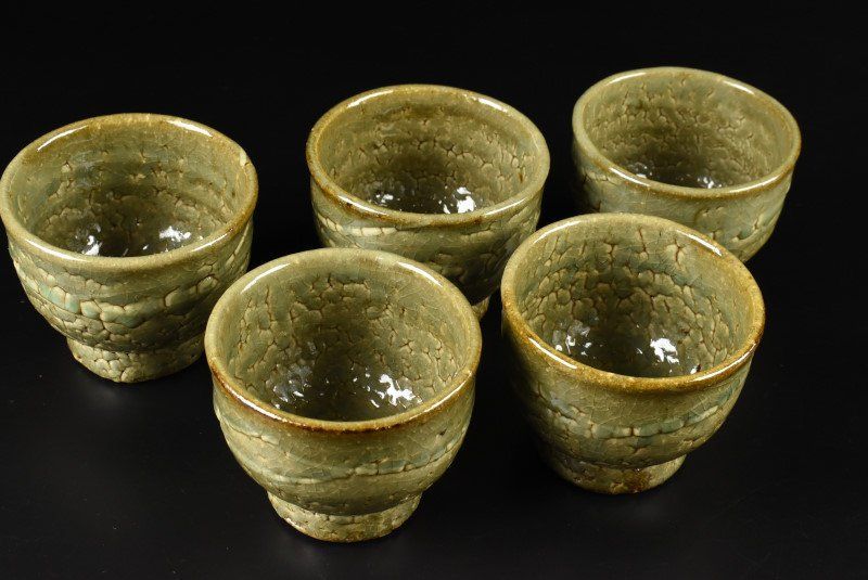 常滑焼 明窯 加藤嘉明 灰釉湯呑揃 五客 共箱
