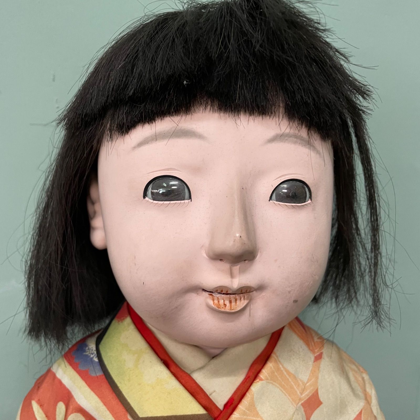 市松人形 昭和レトロ　訳あり　女の子　日本人形 市松人形30号 水色 正絹 友禅 絞り 女の子 いちまつ人形 訳あり 倉庫