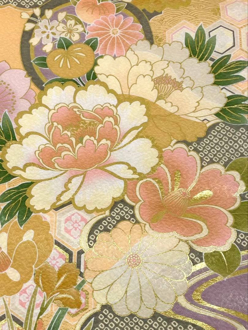 二尺袖 ポリエステル着物 金彩 牡丹 紋意匠 袴用 躾糸付き MOP482