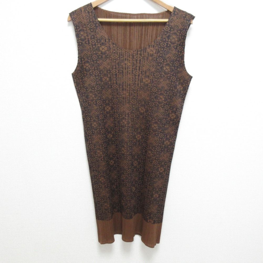美品 PLEATS PLEASE ISSEY MIYAKE プリーツプリーズ アジュラックプリント ノースリーブ ワンピース PP72-JH819 サイズ4 ブラウン レディース 古着  USED