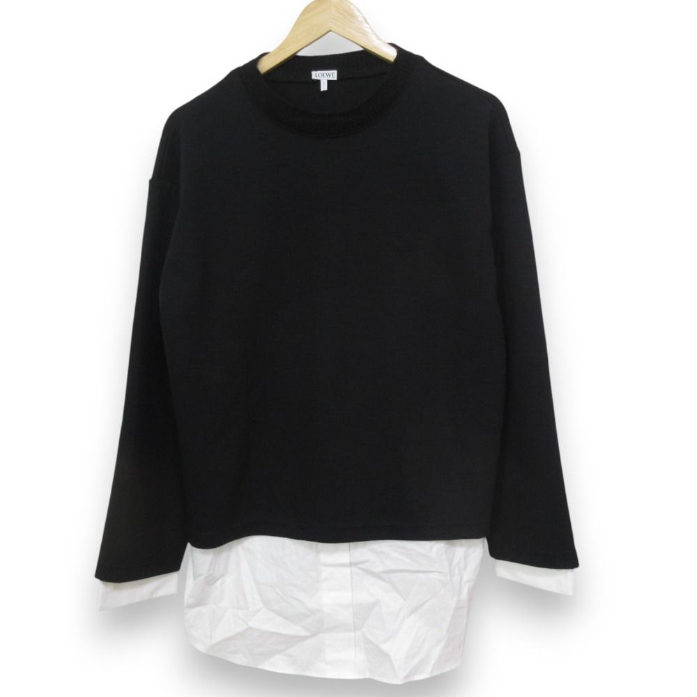 美品 21AW LOEWE ロエベ レイヤードデザイン プルオーバー ニット セーター サイズS ブラック×ホワイト レディース 古着  USED