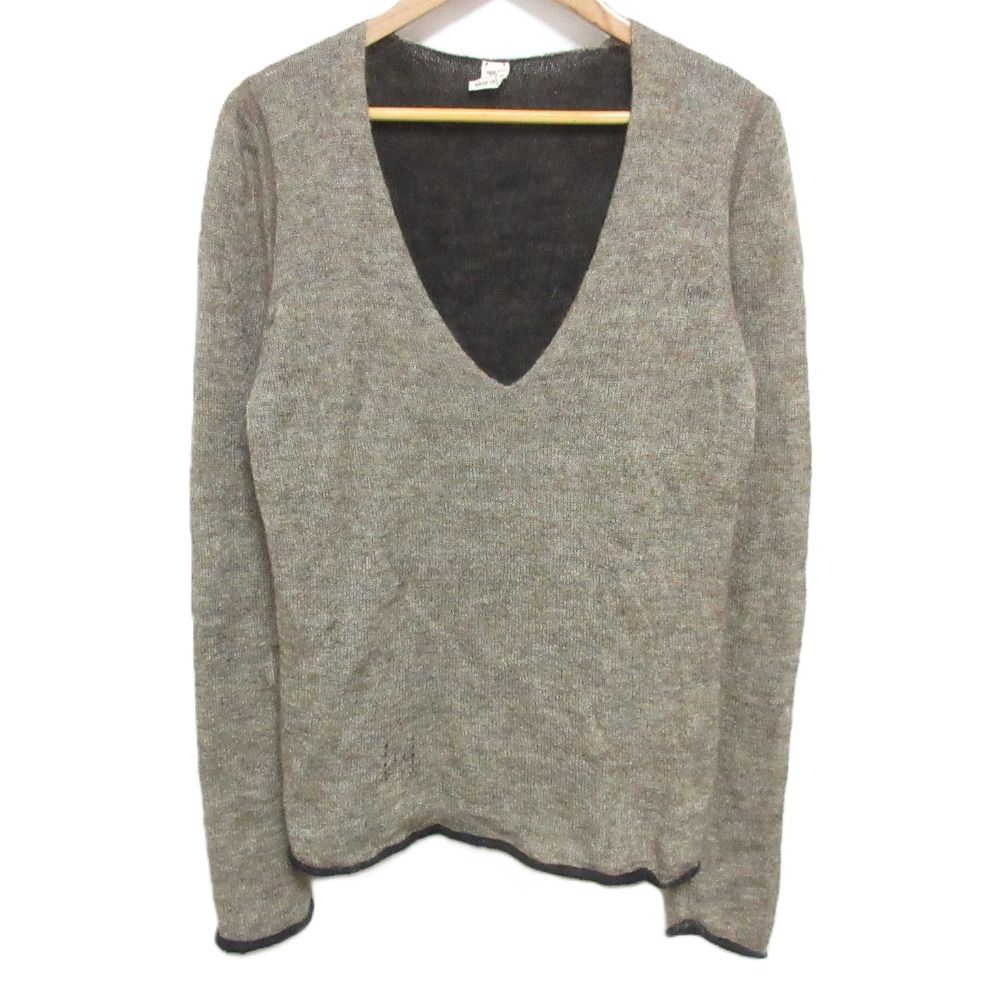 美品 HERMES エルメス Vネック モヘア カシミヤ シルク 長袖 二枚重ねニット セーター モカブラウン×ブラック レディース 古着  USED