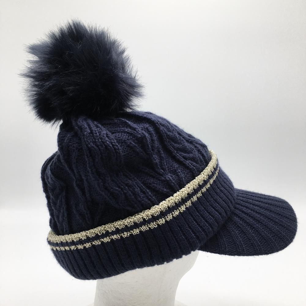 超美品】キャロウェイ つば付ニット帽 ネイビー×ゴールド ケーブル編み