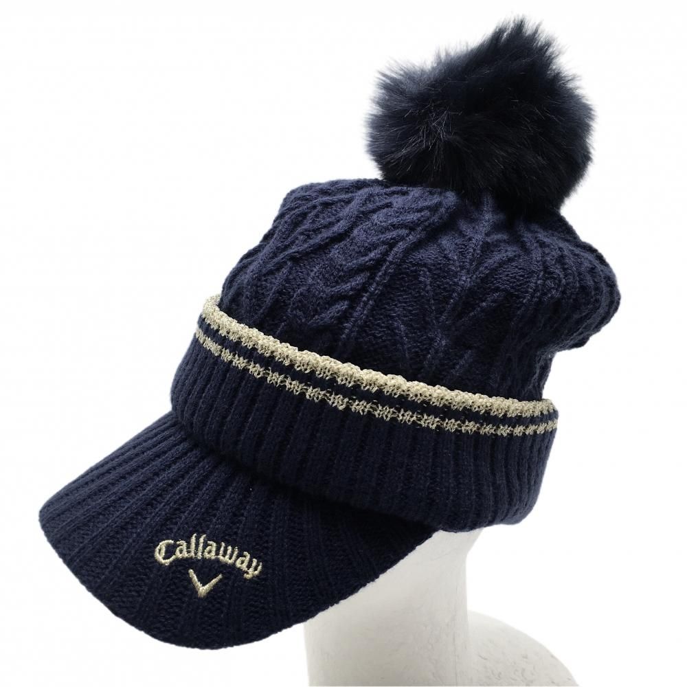 超美品】キャロウェイ つば付ニット帽 ネイビー×ゴールド ケーブル編み