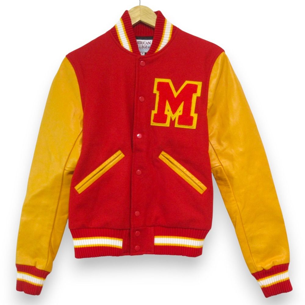 美品 AMERICAN COLLEGE アメリカンカレッジ Mワッペン レザースリーブ