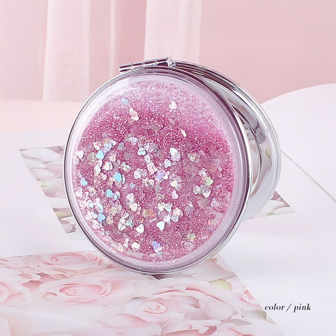 ピンク グリッター 折りたたみミラーラメ ギフトラッピング無料 【オーダーメイド】丸型 ラメ 名入れ ミラー