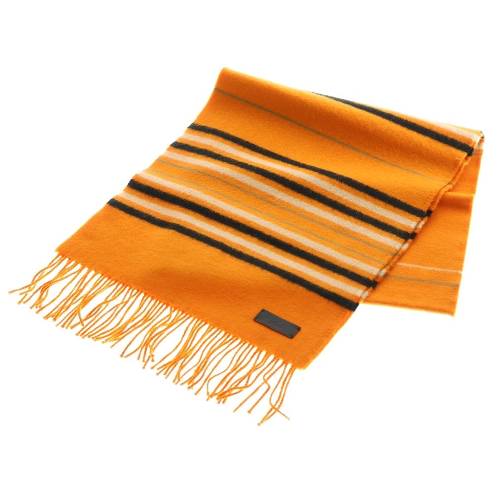 HERMES マフラー　カシミヤ100% オレンジ　ボーダー HERMES (エルメス) フリンジ マフラー ボーダー カシミア100% オレンジ