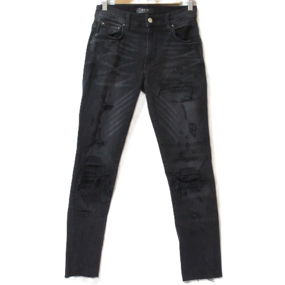 美品 AMIRI アミリ ダメージ加工 カットオフ ジップフライ デニムパンツ ジーンズ サイズ28 ブラック メンズ 古着  USED