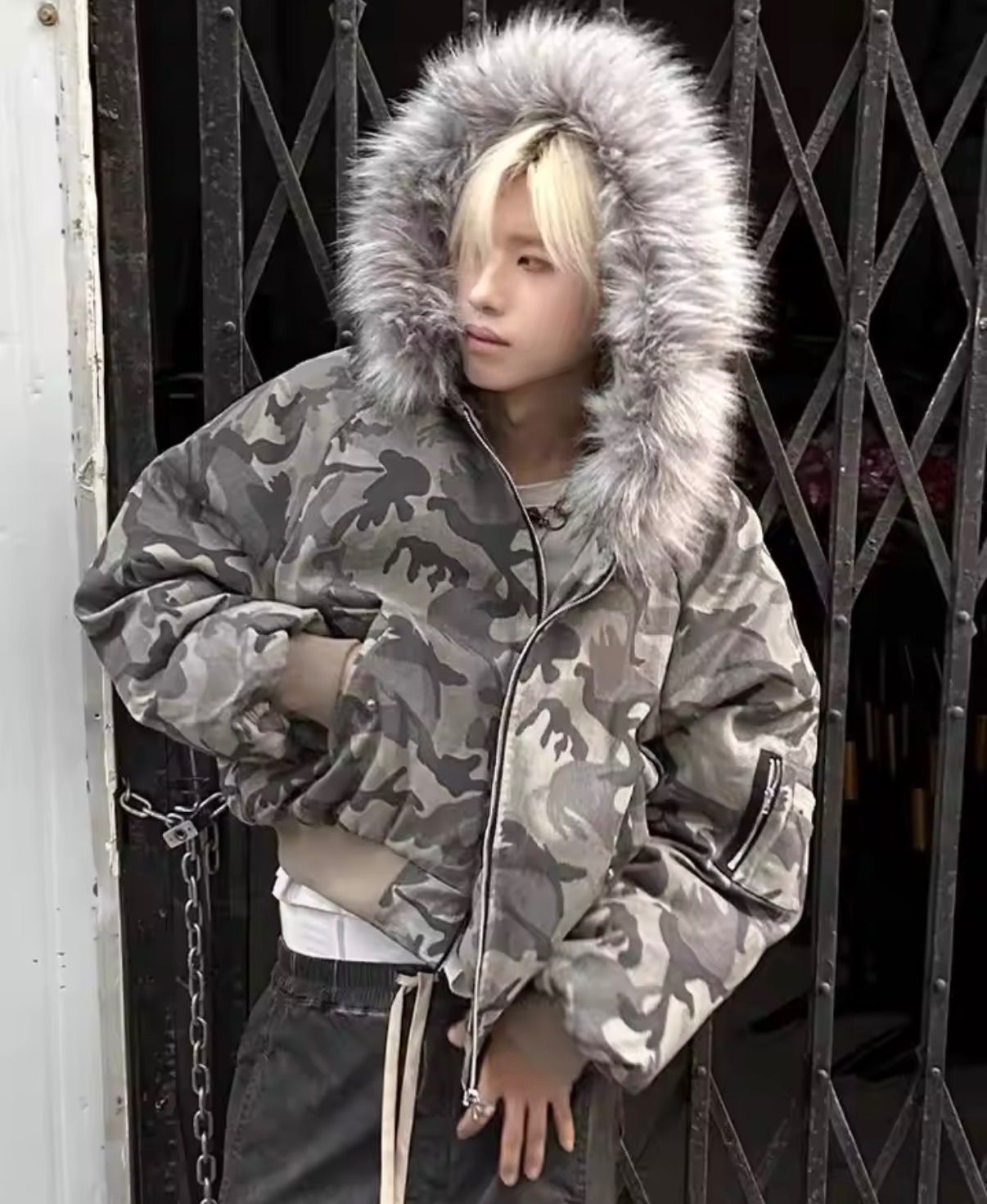 カモフラージュ ファー フード付き ジャケット 韓国ストリート 防寒