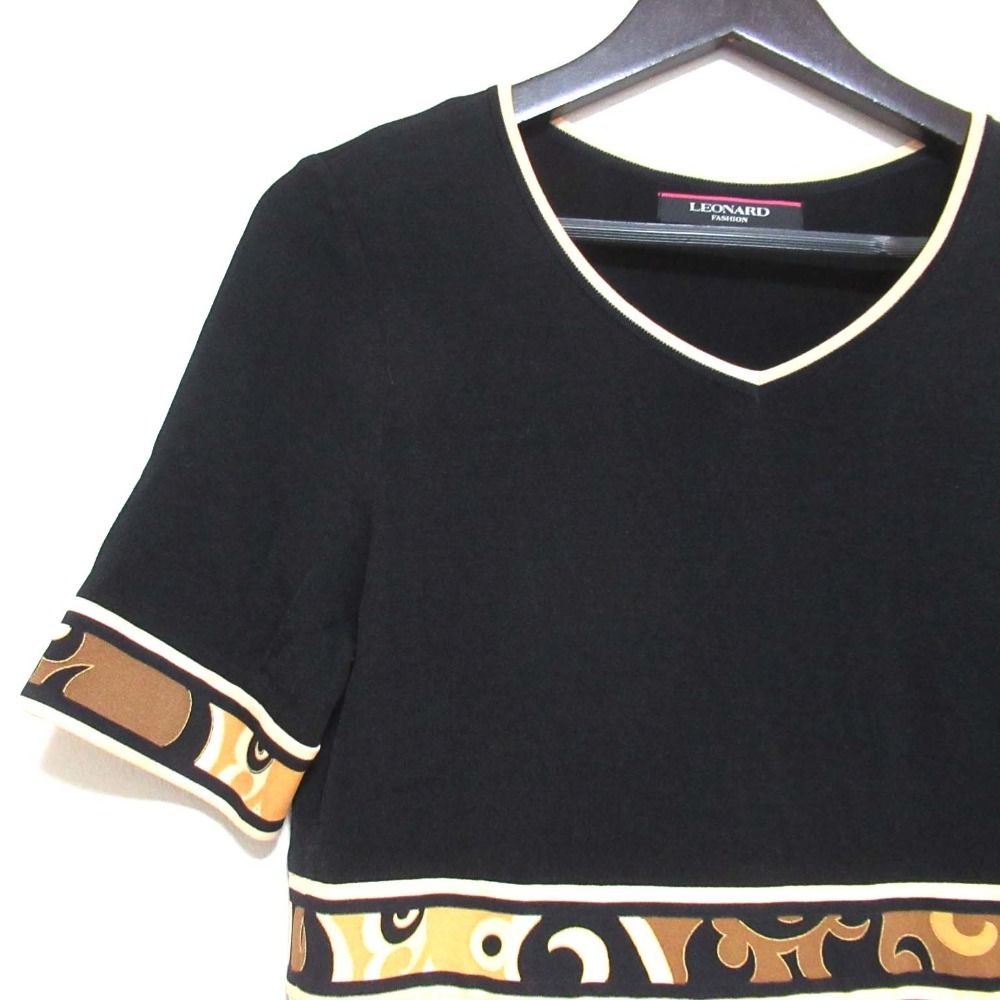美品 LEONARD レオナール シルク カンカン素材 ひざ上丈 半袖 Vネック