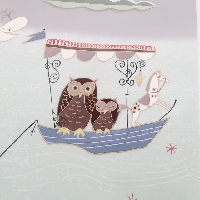 ❁tomihisa❁ クジラ フクロウ メルヘン 着物 正絹 白馬が船頭の遊覧船にフクロウの親子 なごや帯 4652