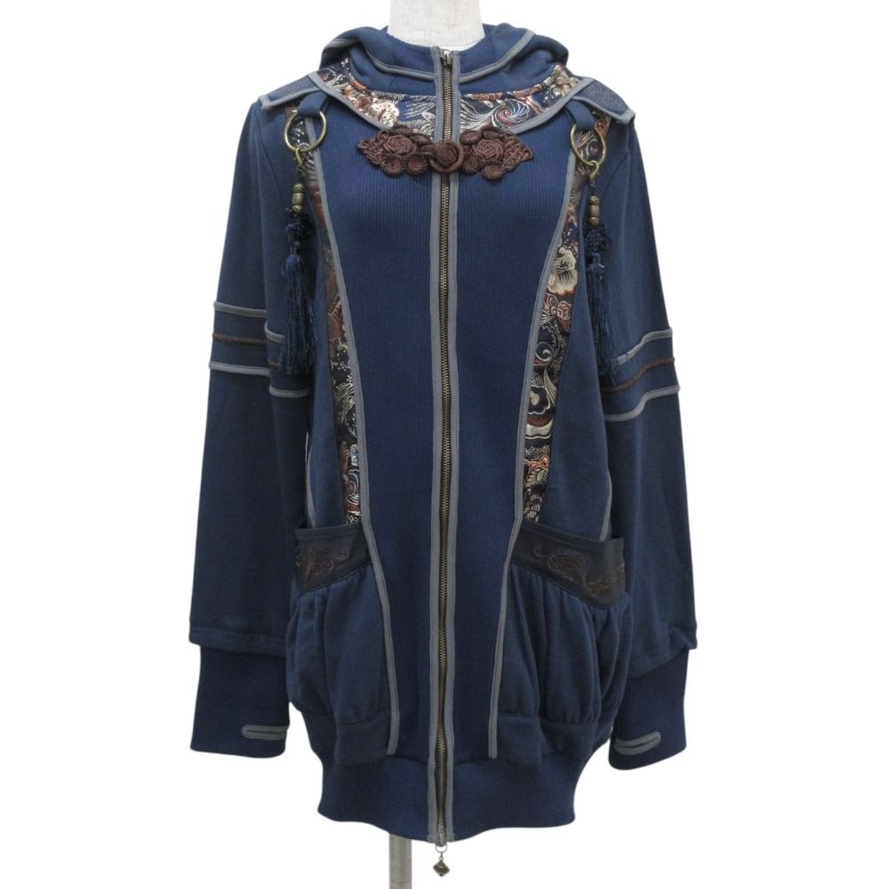 美品 Ozz Oneste オッズオネスト オッズオン オリエンタルデザイン ジップパーカー サイズF ネイビー レディース 古着 中古 USED 美品 Ozz Oneste オッズオネスト オッズオン オリエンタルデザイン