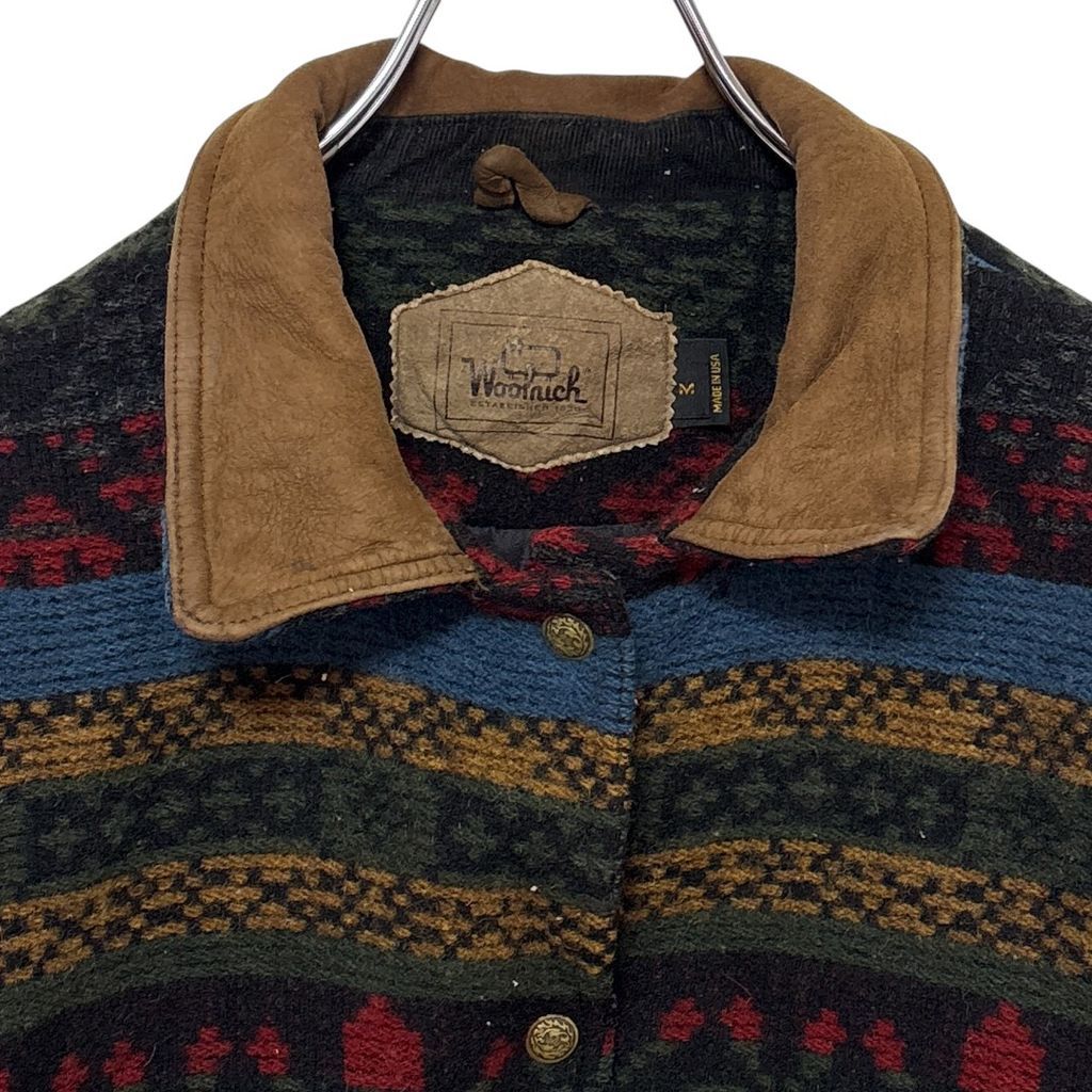 WOOLRICH】 90s USA製 ネイティブ柄 レザー襟ウールジャケット S-3545